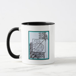 Caneca Pavão & Folha Preto & Branco Tinta Borda Turquesa