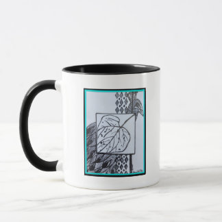 Caneca Pavão & Folha Preto & Branco Tinta Borda Turquesa.