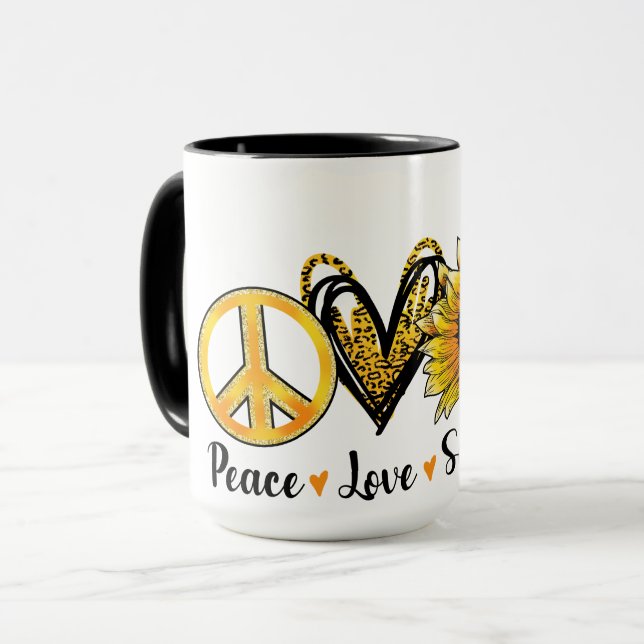 Caneca "Paz, Amor, Girassol" Café/Chá (Frente Esquerda)