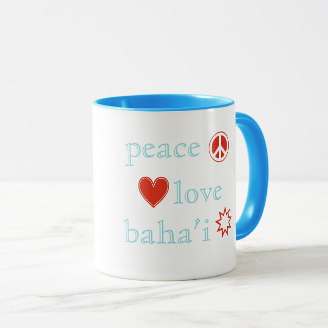 Caneca Peace Love Bahai Estrela Bahá'ís Faith, de nove po (Frente Esquerda)