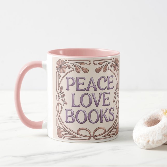 Caneca Peace Love Books Pink Combo Mug (Com Donut)