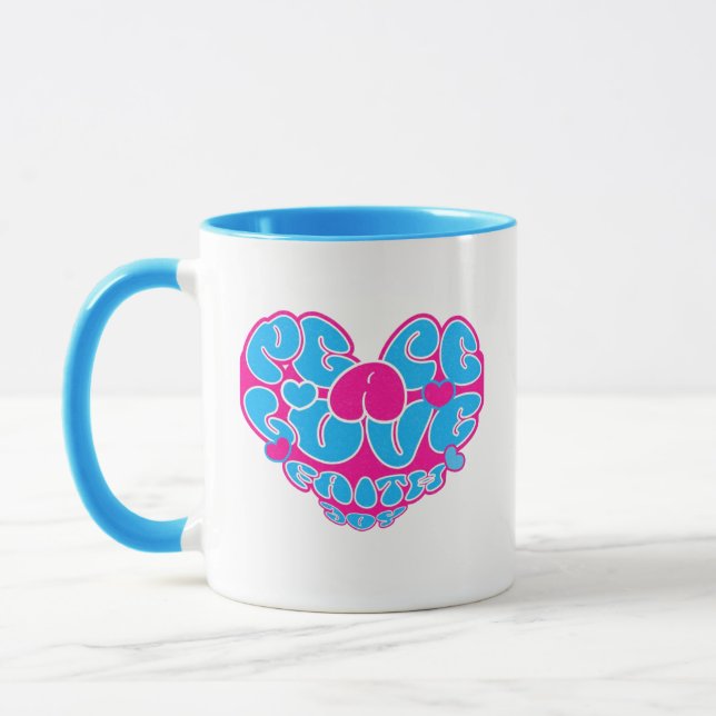 Caneca Peace Love Faith Joy Aqua Pink Heart Retro Mug (Esquerda)