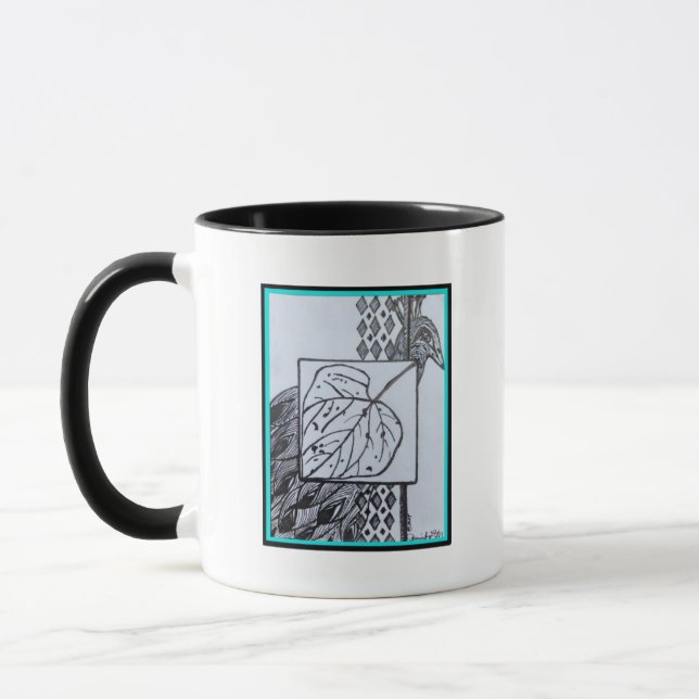 Caneca Peacock & Leaf Blk & Whit Ink Turquoise Border Mug (Esquerda)