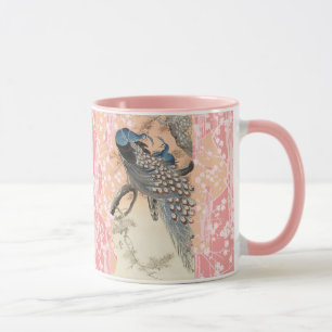 Caneca PEACOCKS, PINK BRANCO SAKURA FLORES Japoneses Fora