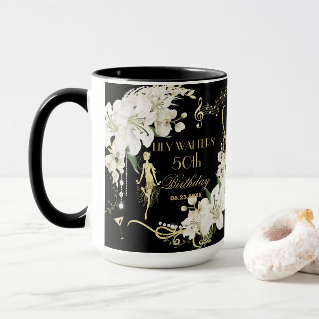 Caneca Pearls White Floral Art Deco Gatsby 20s Aniversári (Com Donut)