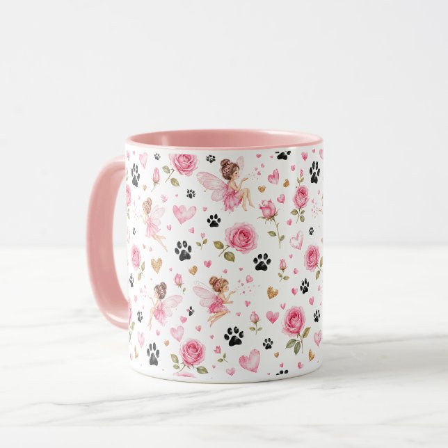 Caneca Pegadas de Fadas & Rosas | Presente para Mãe de Ca (Frente Esquerda)