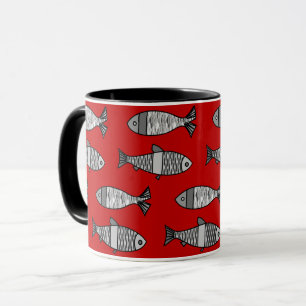 Caneca Peixe Moderno Retroativo, Vermelho Profundo e Cinz