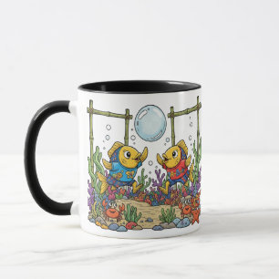 Caneca Peixes Amarelos Fofos Jogando Esportes de Bolha Oc