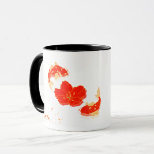 Caneca Peixes Koi Elegantes e Arte de Flor Vermelha Est