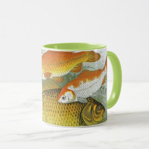 Caneca Peixes Koi Goldfish, Vida Marinha Aquática Antiga