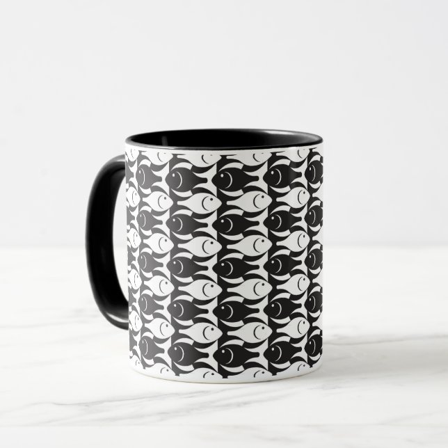 Caneca Peixes modernos do século médio, preto e branco (Frente Esquerda)