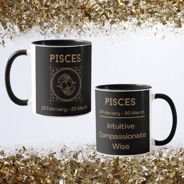 Caneca Peixes Sinal de Zodíaco com Símbolo e Traços (Pisces Zodiac Coffee Mug with traits)