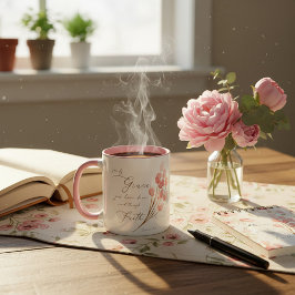 Caneca Pela graça vocês foram salvos, floral rosa 