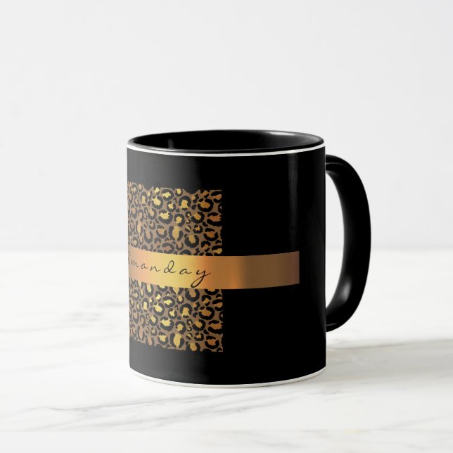 Caneca Pele-leopardo Negro Mel Dourado Strips Nome Safari (Frente Esquerda)