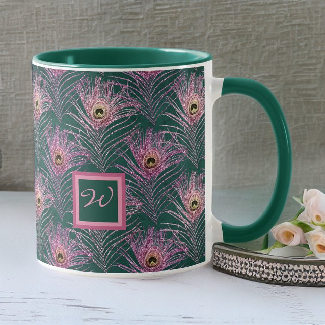 Caneca Penas de Pavão Rosa e Monograma em Verde Profundo (Criador carregado)
