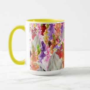 Caneca Penas e Sangue: Galo entre Hollyhocks