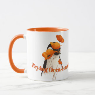 Caneca Penguin with Orange Poppy Flowers Botanical Art T-