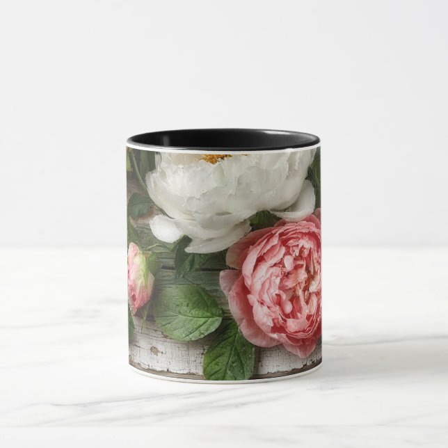 Caneca peonias e madeira desgastada (Centro)