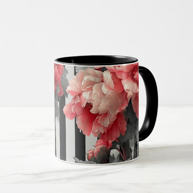 Caneca peonias rosa e listras pretas e brancas (Frente Esquerda)