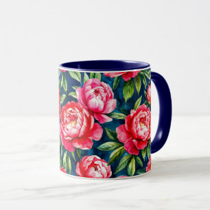 Caneca Peônias Rosa Vermelho & Folhas Verdes Padrão Azul