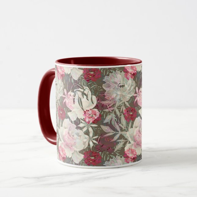 Caneca Peônias rosas rosa flores buquê de flores (Frente Esquerda)