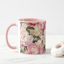 Caneca Peony Flowers White Pink Floral Blossoms Floral De