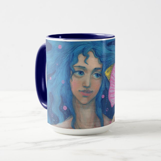 Caneca Pequena Sereia, Arte Fantástica Submarina, Azul Ro (Frente Esquerda)