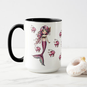 Caneca Pequena Sereia Rosa e Ilustração de Peixe