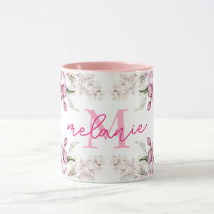 Caneca Pequeno Monograma de Nome de Peônia de Flor de Aqu