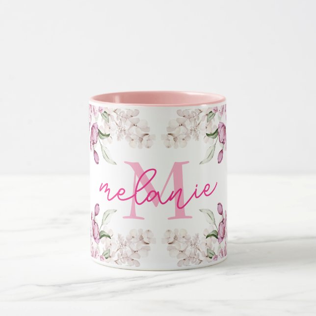 Caneca Pequeno Monograma de Nome de Peônia de Flor de Aqu (Centro)
