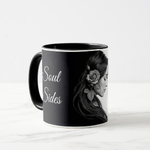 Caneca Perfil artístico feminino com rosa em monocromo