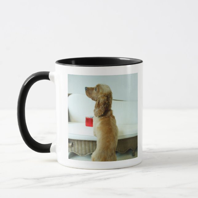 Caneca Persiga a posição em um sofá com um presente (Esquerda)