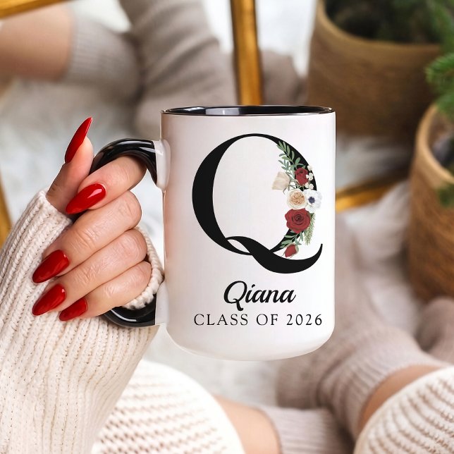 Caneca Personalizada com Inicial Floral Elegante P (Personalized Monogram Floral Alphabet Mug for Mom, Grandma, Teacher, Nurse, Lawyer or Bridesmaid)