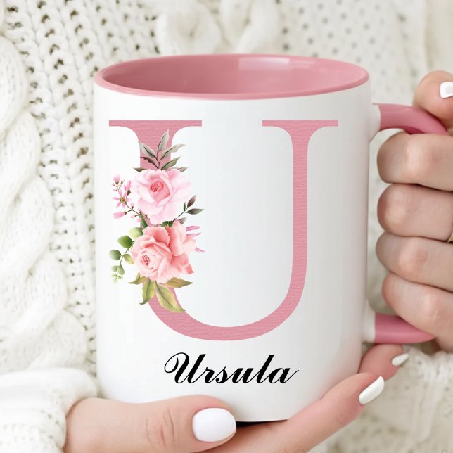 Caneca Personalizada com Monograma de Rosa Rosa pa (Personalized Rose Floral Mug Birthday Gift for Her, Pink Roses Monogram Mug Graduation Gift for Her)