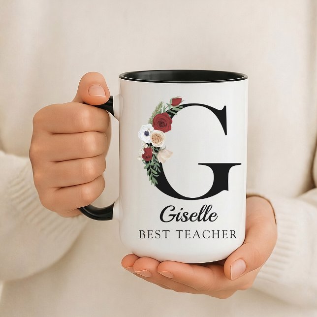 Caneca Personalizada com Monograma Floral para Mel (Personalized Floral Alphabet Mug Gift for Mom, Teacher, Nurse, Doctor, Coworker, Boss or Bridesmaid)