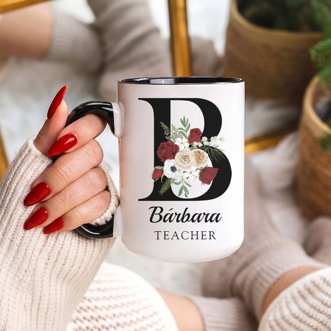 Caneca Personalizada com Monograma Floral para Pre (Personalized Floral Alphabet Mug Gift for Teacher, Nurse, Doctor, Coworker, Boss, and Bridesmaid)