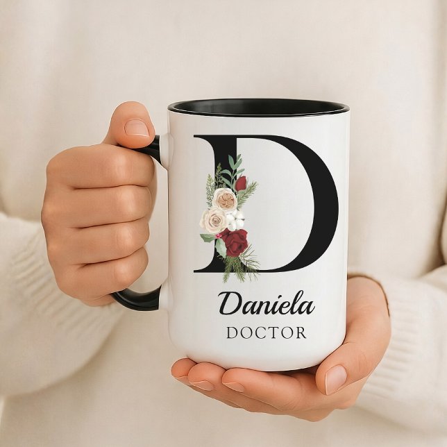 Caneca Personalizada com Monograma Floral para Pre (Personalized Floral Alphabet Mug Gift for Mom, Teacher, Nurse, Doctor, Coworker, Boss or Bridesmaid)