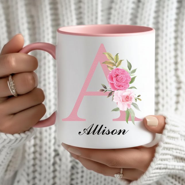 Caneca Personalizada com Monograma Floral Rosa Pre (Custom Pink Floral Monogram Mug Gift for Her, Wildflower Initial Name Mug Birthday Gift for Mom)