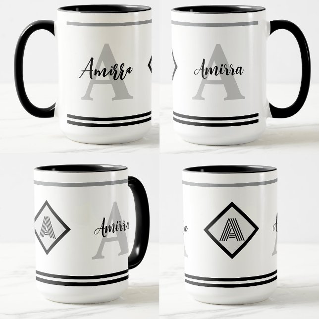 Caneca Personalizada com Nome e Inicial Presente (Black gray white coffee cup)