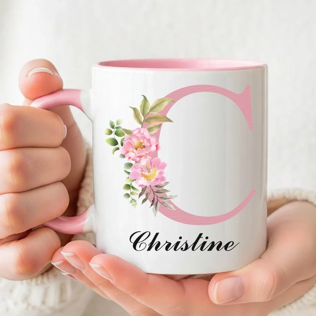 Caneca Personalizada com Nome e Inicial Rosa para  (Personalized Wildflower Mug Graduation Gift for Her, Pink Floral Name Mug Thank You Gift for Mom)