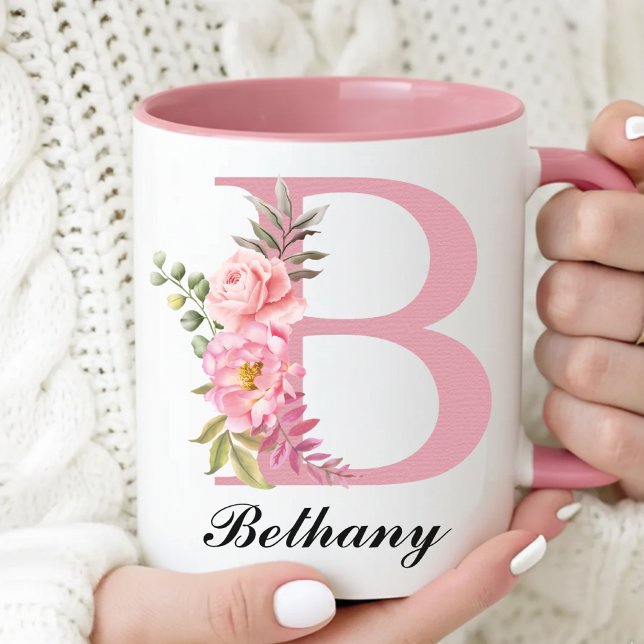 Caneca Personalizada de Flores Silvestres como Pre (Personalized Pink Monogram Mug Mother’s Day Gift, Floral Initial Coffee Mug Gift for Mom or Grandma)