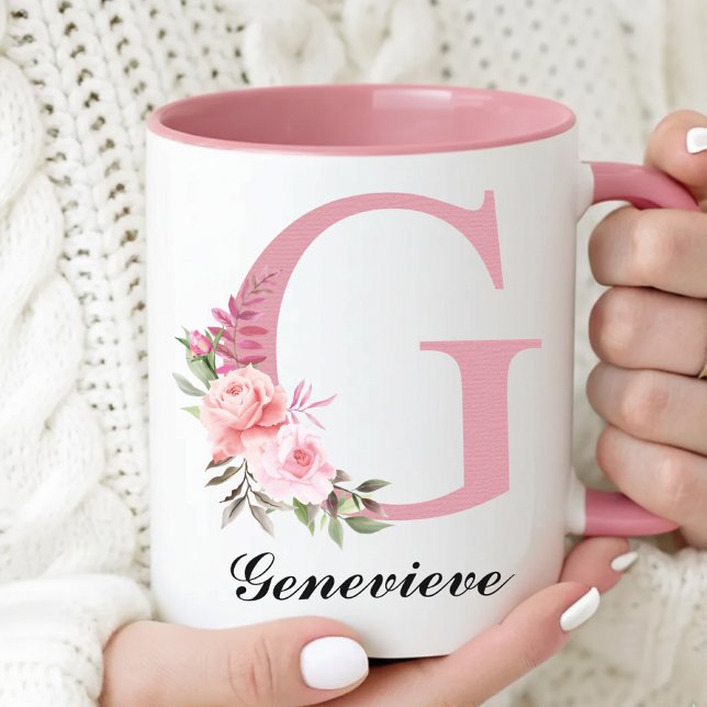 Caneca Personalizada de Flores Silvestres Rosa Pre (Personalized Pink Monogram Mug Mother’s Day Gift for Mom, Floral Initial Coffee Mug Gift for Grandma)