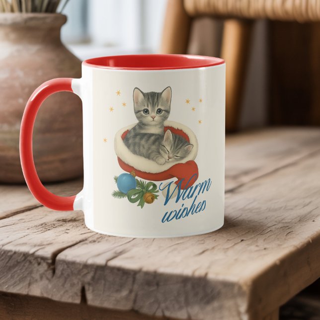 Caneca Personalizada de Gatinho de Natal Vintage (Personalized Vintage Christmas Kitten Mug)