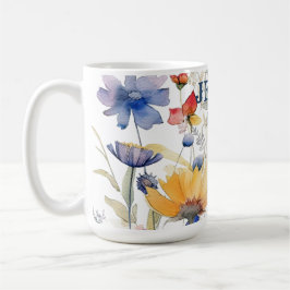 Caneca Personalizada Dourada Azul Boho Flores Selv