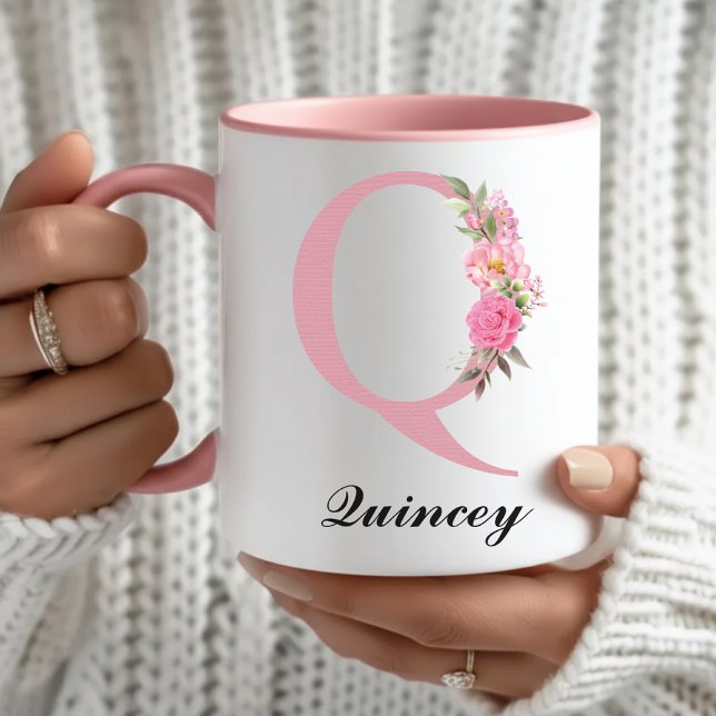 Caneca Personalizada Floral Rosa Presente de Natal (Personalized Rose Monogram Mug Birthday Gift for Her, Pink Floral Rose Mug Graduation Gift for Her)