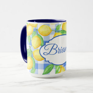 Caneca Personalizada Lemon Blue Gingham Cottagecor
