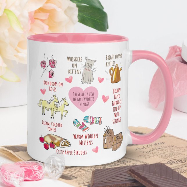 Caneca Personalizadas Minhas Coisas Favoritas Ilustradas  (Add your own personalized text to this hand-illustrated "My Favorite Things" Valentine's mug.)