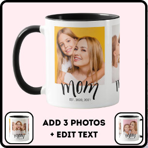 Caneca Personalizado 3 Foto Mãe Filhos Data Est Branco