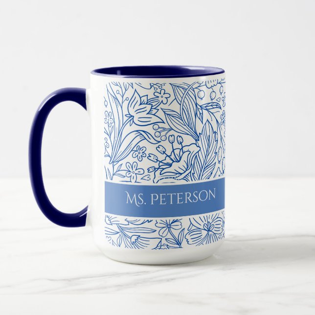 Caneca Personalizado Floral Azul Elegante (Esquerda)