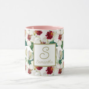 Caneca Personalizado Vermelho e Branco Flores Tropicais d